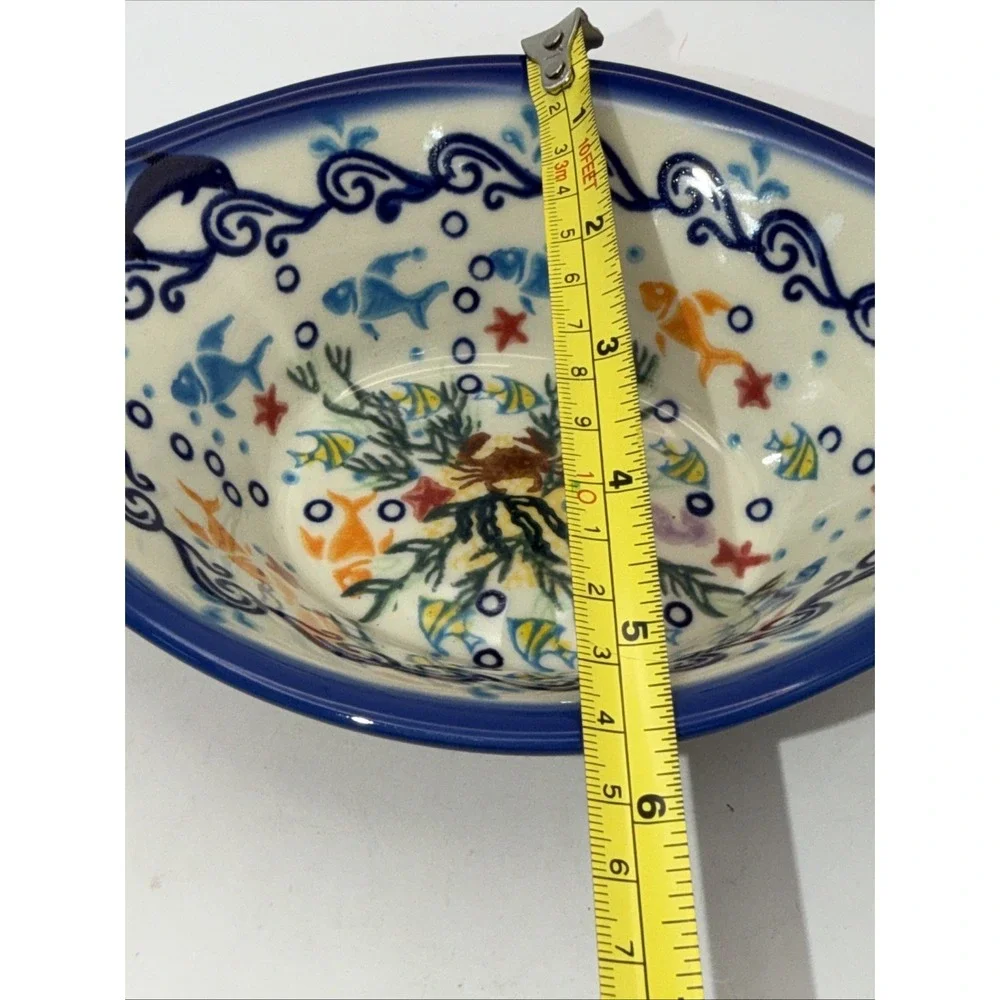 Boleslawiec Polish Pottery Bowl Marine Hand Made UNIKAT Green & Blue Poland